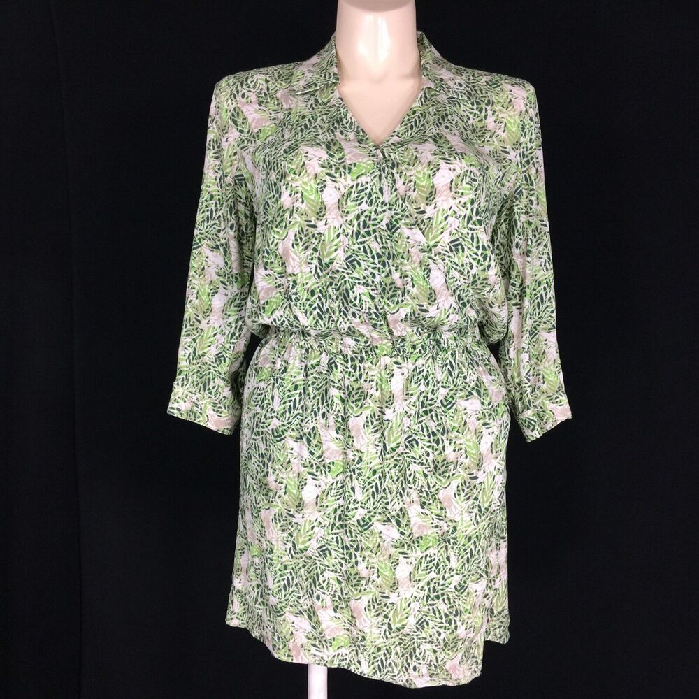 CABI Med Dress Beige Green Tropical Faux Wrap Rayon‎ Long Sl Elastic Waist Date